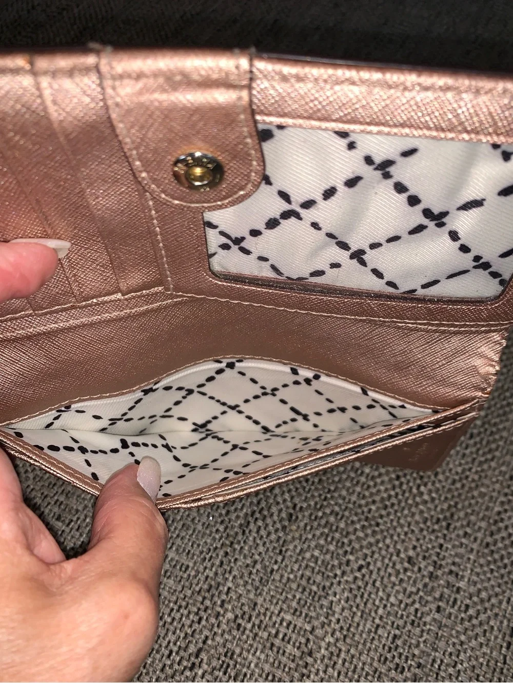 Kate Spade rose gold wallet with callouts